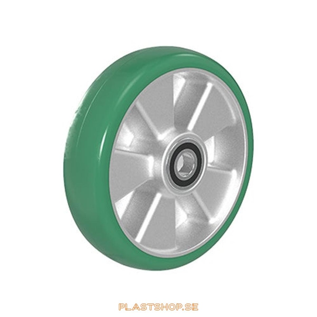 Hjul, hjuldiameter 200 mm, nav i Aluminium med mjuk bana i Elastiskt Polyuretan, grön färg. 700 kg bärighet, dubbla kullager