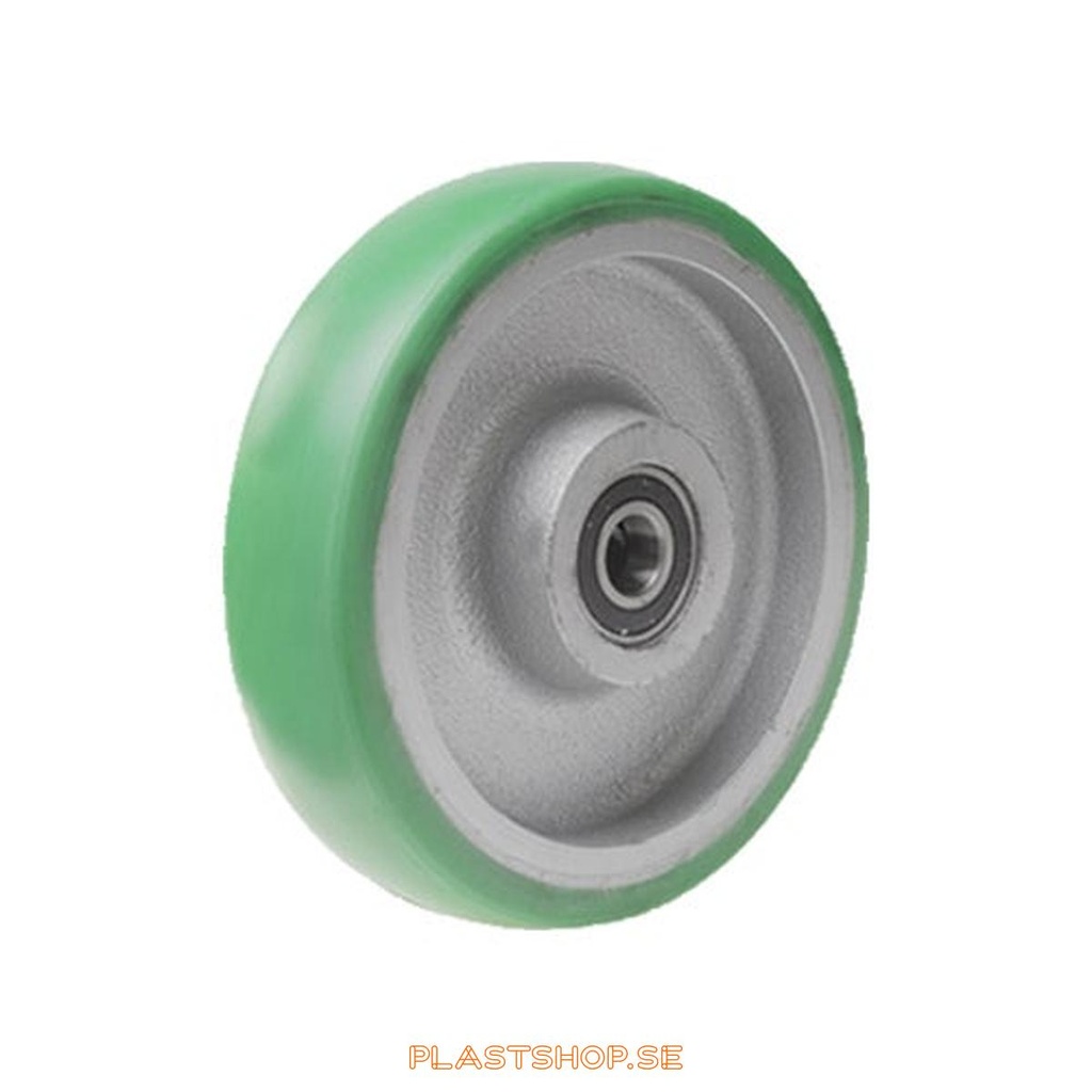 Wheel, wheel diameter 200 mm, hub in Gjutjärn with soft track in Elastiskt Polyuretan, grön färg. 700 kg load capacity, dubbla ball bearings