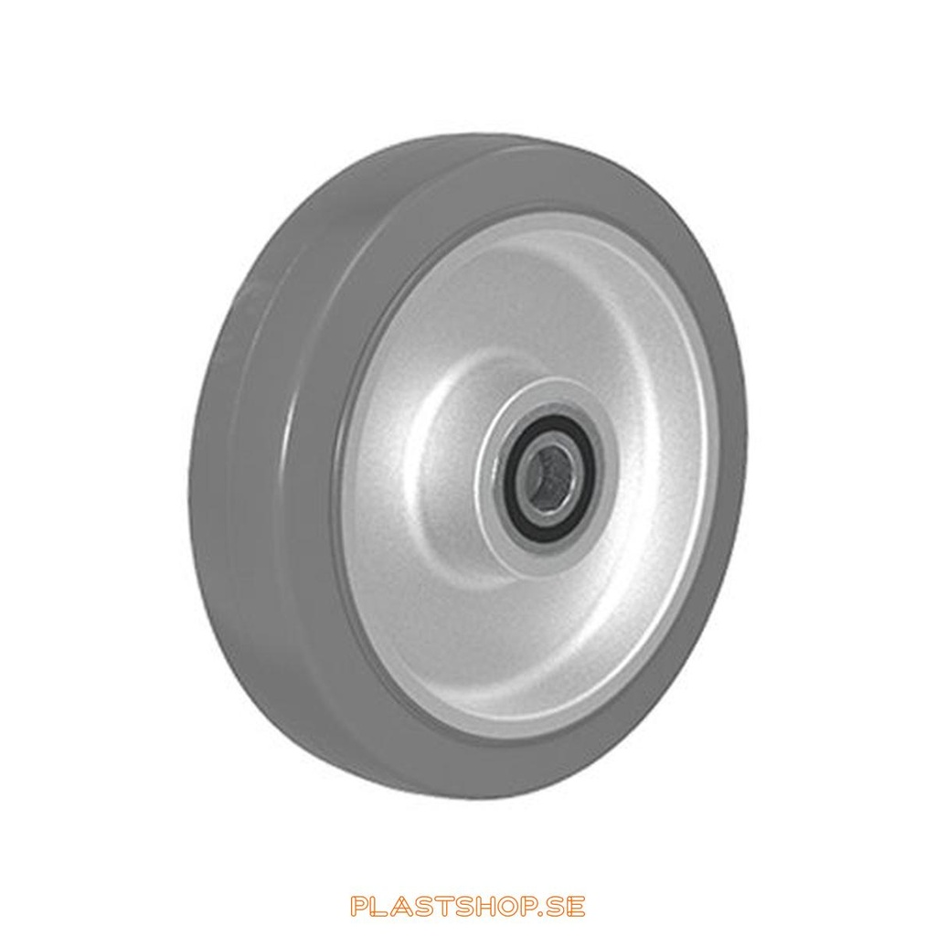 Wheel, wheel diameter 200 mm, hub in Aluminium with soft track in Elastiskt Gummi, grå. 500 kg load capacity, dubbla ball bearings