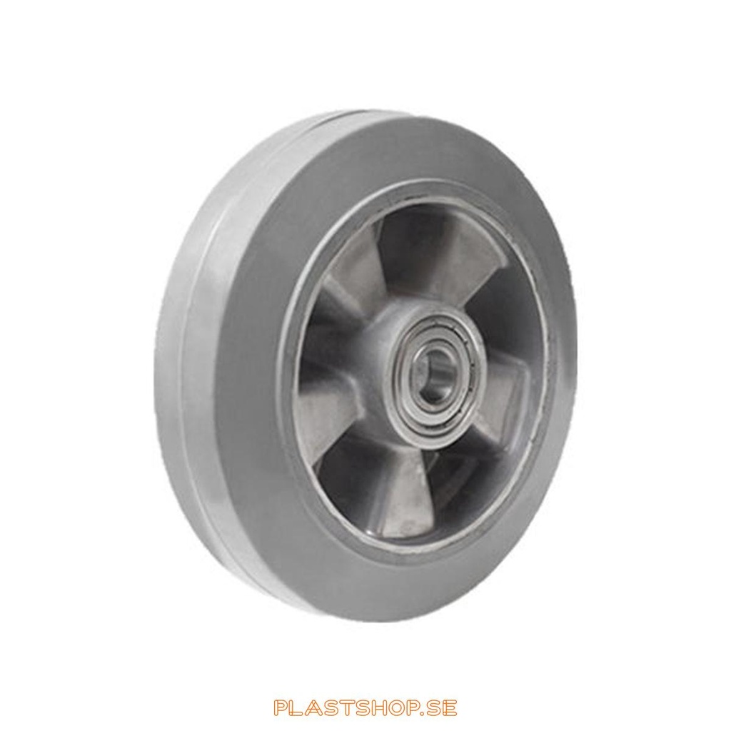 Hjul, hjuldiameter 200 mm, nav i Aluminium med mjuk bana i Elastiskt Gummi, grå färg. 450 kg bärighet, dubbla kullager
