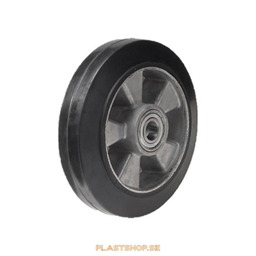 Hjul, hjuldiameter 200 mm, nav i Aluminium med mjuk bana i Elastiskt Gummi, svart färg. 450 kg bärighet, dubbla kullager