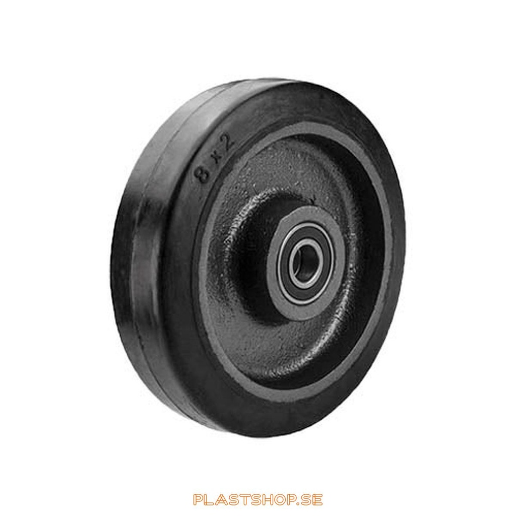 Wheel, wheel diameter 200 mm, hub in Gjutjärn with soft track in Elastiskt Gummi, svart. 450 kg load capacity, dubbla ball bearings