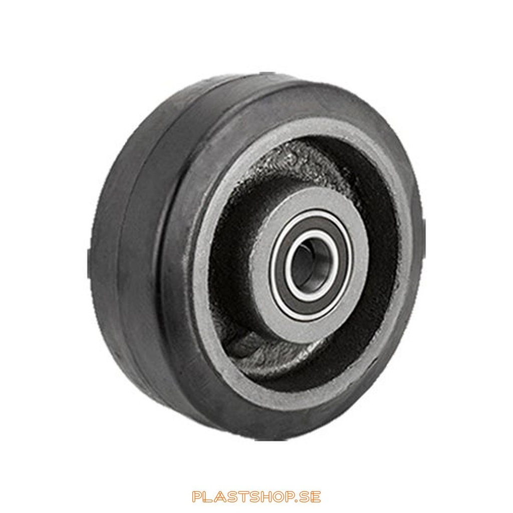Wheel, wheel diameter 200 mm, hub in Gjutjärn with soft track in Elastiskt Gummi, svart. 550 kg load capacity, dubbla ball bearings