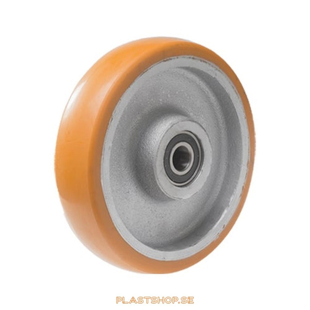 Hjul, hjuldiameter 250 mm, nav i Gjutjärn med mjuk bana i Elastiskt Polyuretan, brun färg. 1000 kg bärighet, dubbla kullager