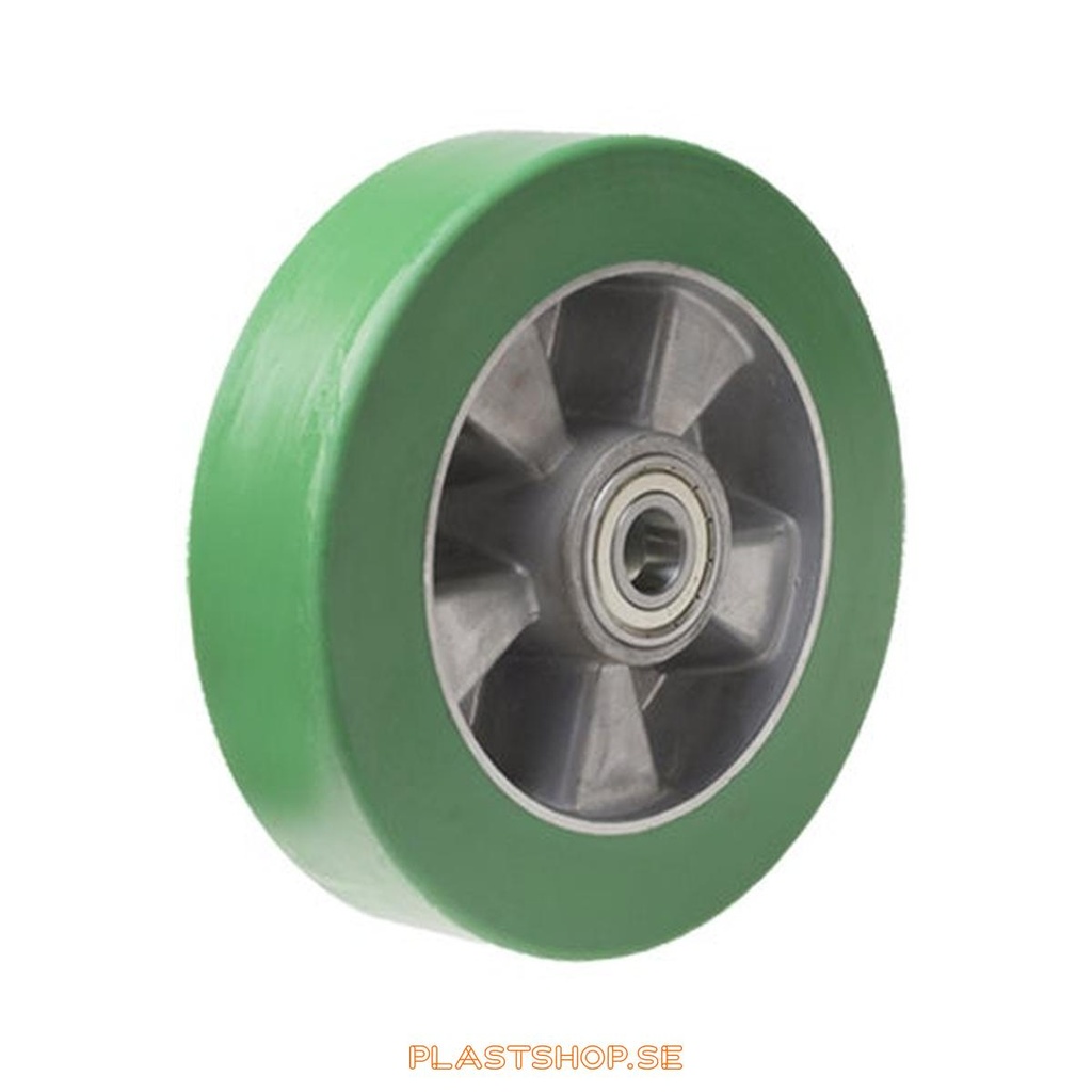 Hjul, hjuldiameter 250 mm, nav i Aluminium med mjuk bana i Elastiskt Polyuretan, grön färg. 800 kg bärighet, dubbla kullager