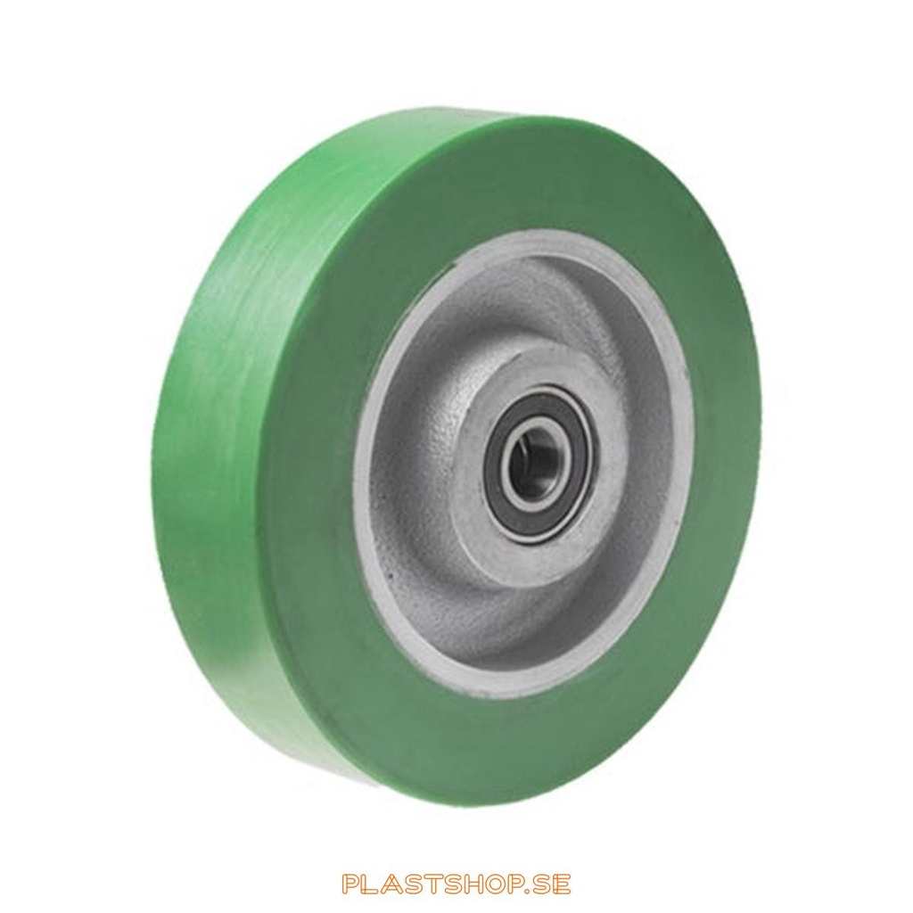 Wheel, wheel diameter 250 mm, hub in Gjutjärn with soft track in Elastiskt Polyuretan, grön färg. 1000 kg load capacity, dubbla ball bearings