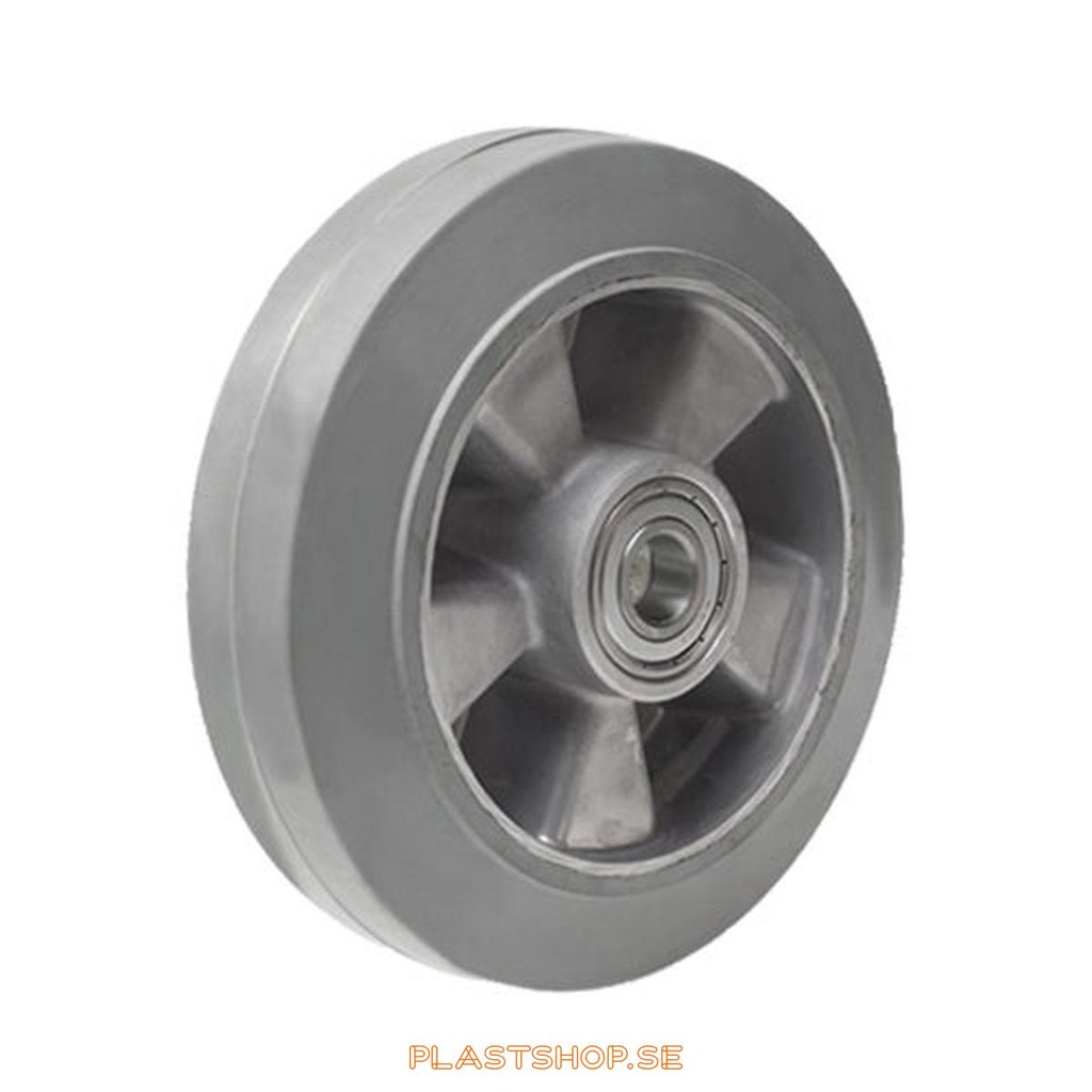 Wheel, wheel diameter 250 mm, hub in Aluminium with soft track in Elastiskt Gummi, grå. 550 kg load capacity, dubbla ball bearings