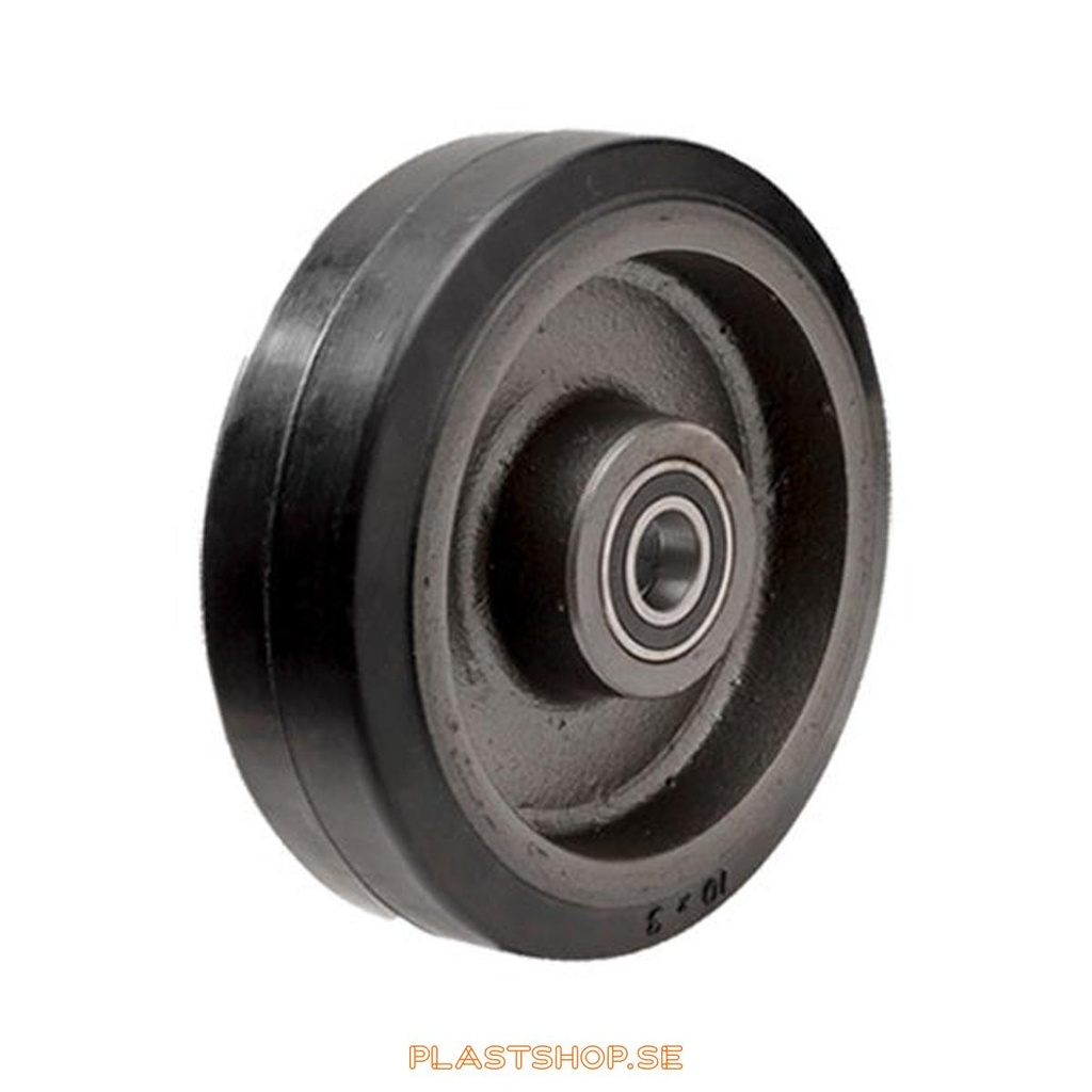 Hjul, hjuldiameter 250 mm, nav i Gjutjärn med mjuk bana i Elastiskt Gummi, svart färg. 750 kg bärighet, dubbla kullager