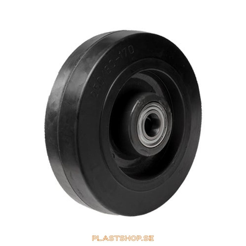 Wheel, wheel diameter 250 mm, hub in Nylon PA6 with soft track in Elastiskt Gummi, svart. 800 kg load capacity, dubbla ball bearings