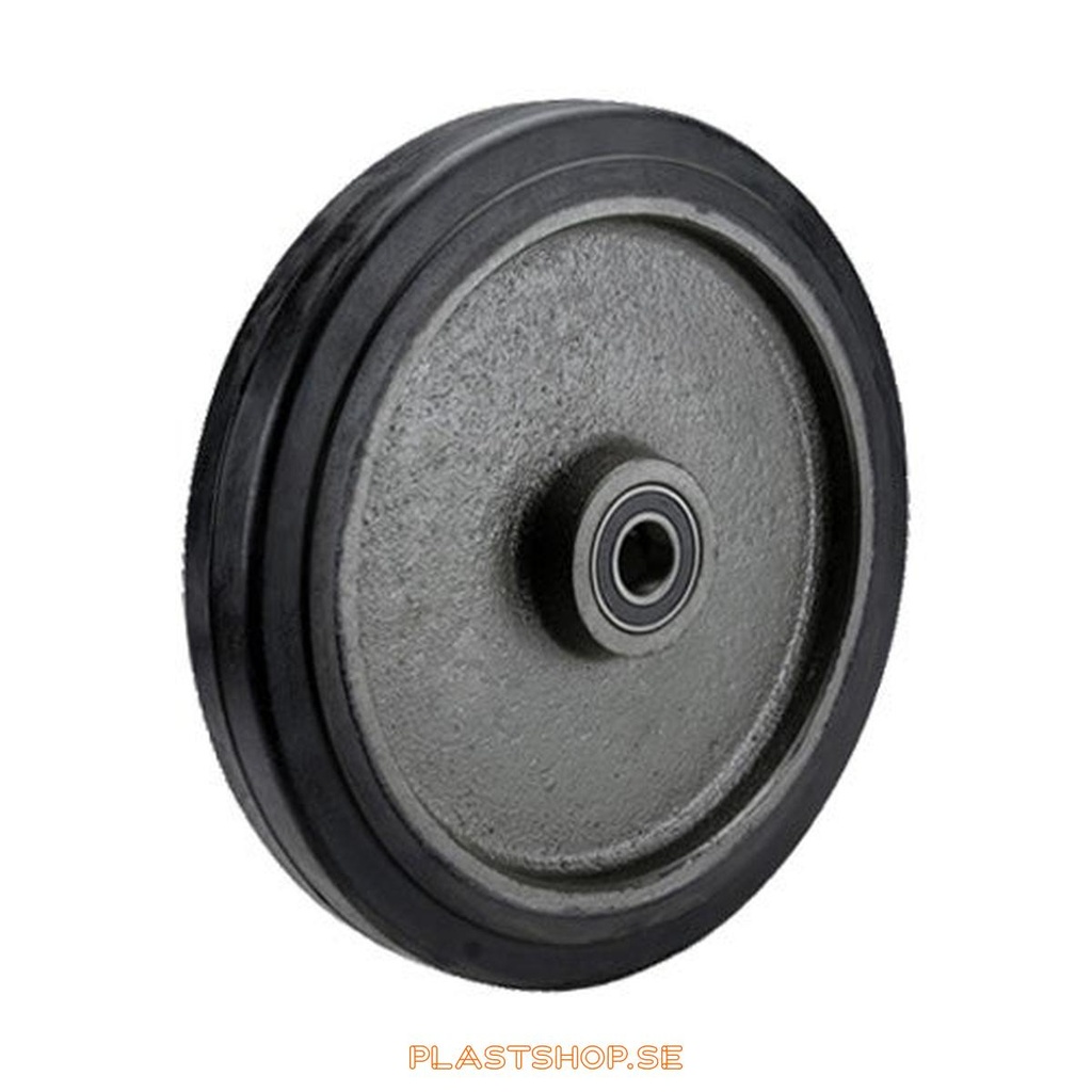 Wheel, wheel diameter 300 mm, hub in Gjutjärn with soft track in Elastiskt Gummi, svart. 650 kg load capacity, dubbla ball bearings