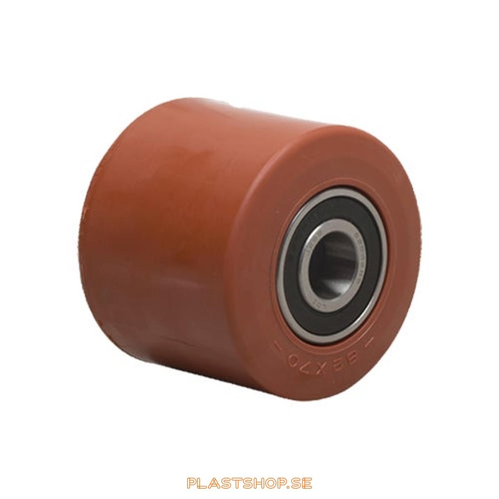 Hjul, hjuldiameter 82 mm, nav i Nylon PA6 med mjuk bana i Polyuretan, röd färg. 500 kg bärighet, dubbla kullager