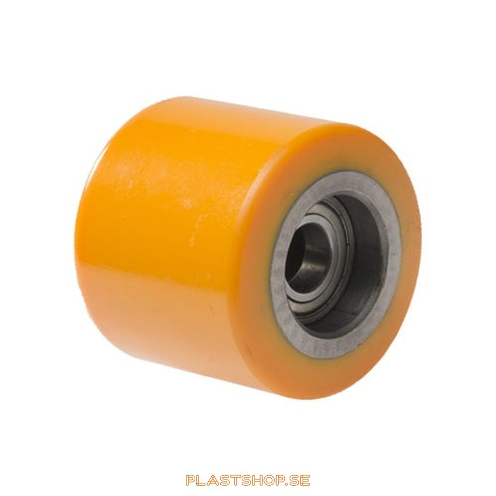 Hjul, hjuldiameter 85 mm, nav i Gjutjärn med mjuk bana i Polyuretan, orange färg. 1000 kg bärighet, dubbla kullager