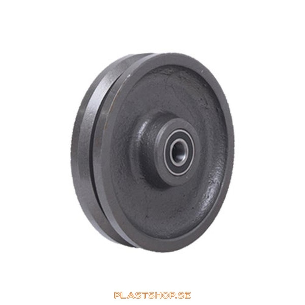Hjul, hjuldiameter 150 mm, hårt hjul i massiv Gjutjärn. 700 kg bärighet, dubbla kullager