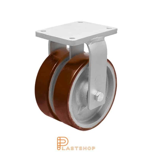 [P2001805] Dobbelthjul fast arm, plate, hjuldiameter 125 mm, byggehøyde 185 mm, nav i støpejern med myk bane i PUR i rød farge. 1000 kg bæreevne, doble kulelager