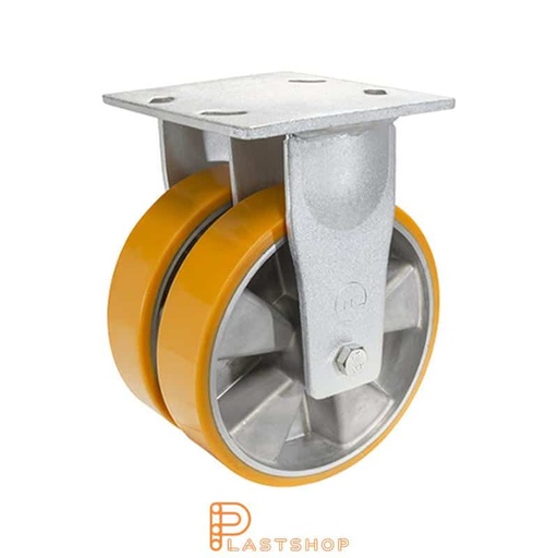 [P2001808] Dobbelthjul fast arm, plate, hjuldiameter 150 mm, byggehøyde 200 mm, nav i aluminium med myk bane i PUR i oransje farge. 1100 kg bæreevne, doble kulelager