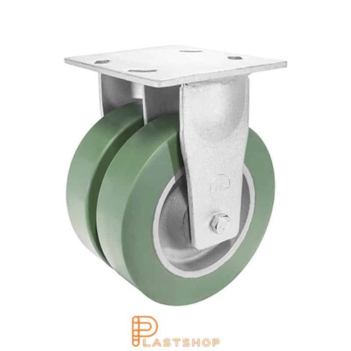 [P2001810] Dubbelhjul fast bygel, platta, hjuldiameter 150 mm, bygghöjd 200 mm, nav i gjutjärn med mjuk bana i ElastoPUR i grön färg. 900 kg bärighet, dubbla kullager