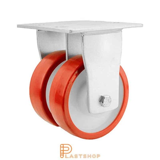 [P2001807] Dobbelthjul fast arm, plate, hjuldiameter 150 mm, byggehøyde 200 mm, nav i PA6 med myk bane i PUR i rød farge. 1100 kg bæreevne, doble kulelager