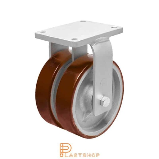 [P2001812] Dubbelhjul fast bygel, platta, hjuldiameter 150 mm, bygghöjd 212 mm, nav i gjutjärn med mjuk bana i PUR i röd färg. 1350 kg bärighet, dubbla kullager