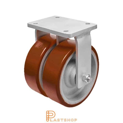 [P2001866] Dobbelthjul fast arm, plate, hjuldiameter 150 mm, byggehøyde 212 mm, nav i støpejern med myk bane i PUR i rød farge. 1900 kg bæreevne, doble kulelager