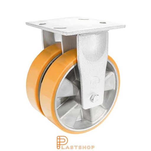 [P2001815] Rueda doble fija con placa, diámetro de la rueda 200 mm, altura de construcción 250 mm, buje de aluminio con pista suave en PUR de color naranja. 1400 kg de carga, doble cojinete de bolas