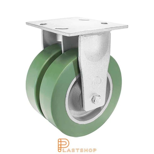 [P2001819] Dubbelhjul fast bygel, platta, hjuldiameter 200 mm, bygghöjd 250 mm, nav i gjutjärn med mjuk bana i ElastoPUR i grön färg. 1400 kg bärighet, dubbla kullager