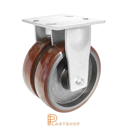 [P2001817] Kaksoishaka kiinteä tuki, laippa, pyörän halkaisija 200 mm, korkeus 250 mm, navat valurautaisella pehmeällä uralla PUR:sta punaisessa värissä. 1500 kg kantavuus, kaksoiskulalagerit