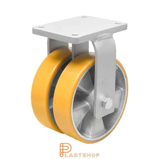 [P2001822] Dubbelhjul fast bygel, platta, hjuldiameter 250 mm, bygghöjd 314 mm, nav i aluminium med mjuk bana i PUR i orange färg. 1800 kg bärighet, dubbla kullager