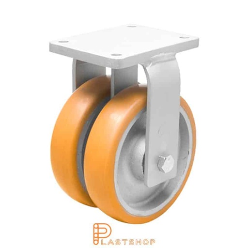 [P2001823] Dobbelthjul fast arm, plate, hjuldiameter 250 mm, byggehøyde 314 mm, nav i støpejern med myk bane i ElastoPUR i brun farge. 1800 kg bæreevne, doble kulelager