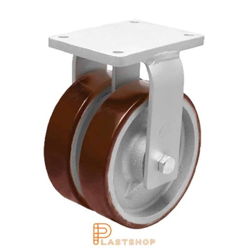 [P2001828] Dobbelthjul fast arm, plate, hjuldiameter 300 mm, byggehøyde 365 mm, nav i støpejern med myk bane i PUR i rød farge. 2500 kg bæreevne, doble kulelager