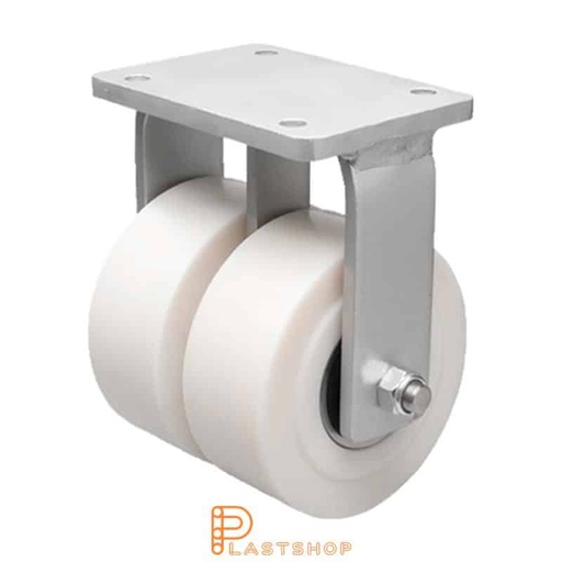 [P2001871] Double wheel fixed bracket, plate, wheel diameter 300 mm, building height 375 mm, hard wheel in solid PA6 C, 5000 kg load capacity, double ball bearings