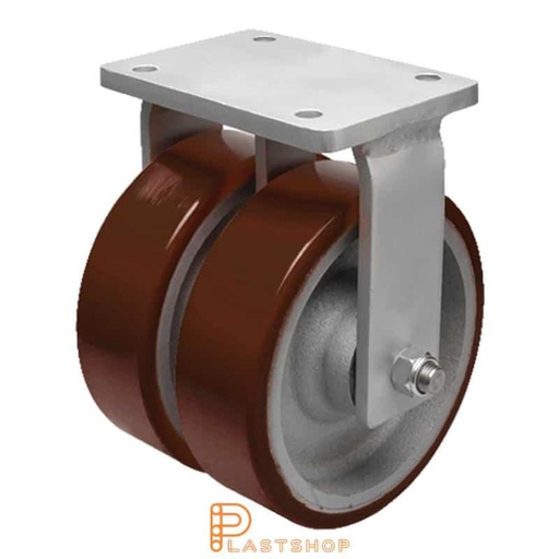 [P2001873] Dubbelhjul fast bygel, platta, hjuldiameter 400 mm, bygghöjd 475 mm, nav i gjutjärn med mjuk bana i PUR i röd färg. 4500 kg bärighet, dubbla kullager