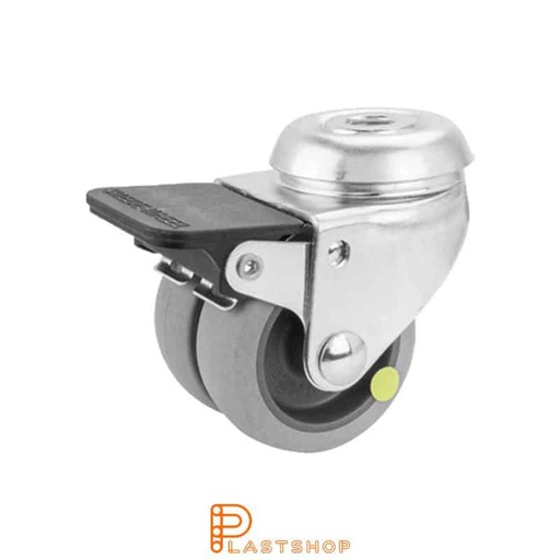 [P2000098] Double link wheel with brake, center hole, wheel diameter 50 mm, building height 70 mm, hub in PP with soft track in TPE in grå. 70 kg load capacity, slide bearings