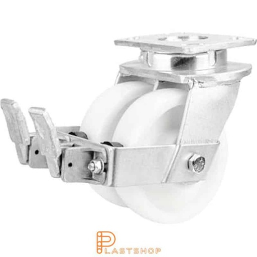 [P2001763] Double link wheel with brake, plate, wheel diameter 150 mm, building height 200 mm, hard wheel in solid PA6, 1350 kg load capacity, double ball bearings