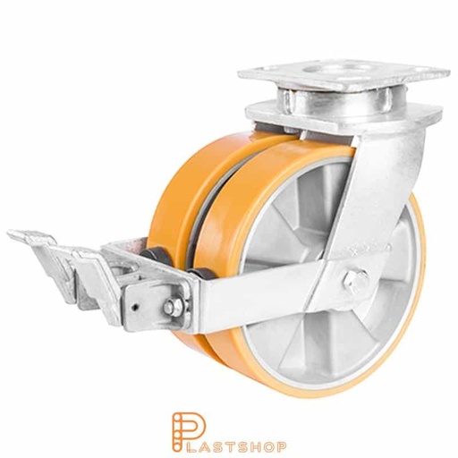[P2001765] Double link wheel with brake, plate, wheel diameter 150 mm, building height 200 mm, hub in aluminum with soft track in PUR in orange. 1000 kg load capacity, double ball bearings