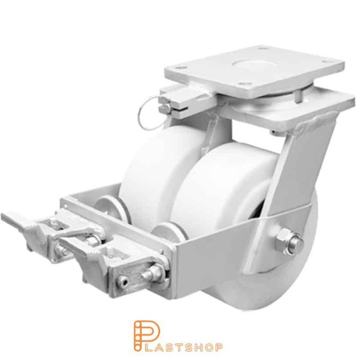 [P2001835] Double link wheel with brake, plate, wheel diameter 150 mm, building height 212 mm, hard wheel in solid PA6 C, 4950 kg load capacity, double ball bearings