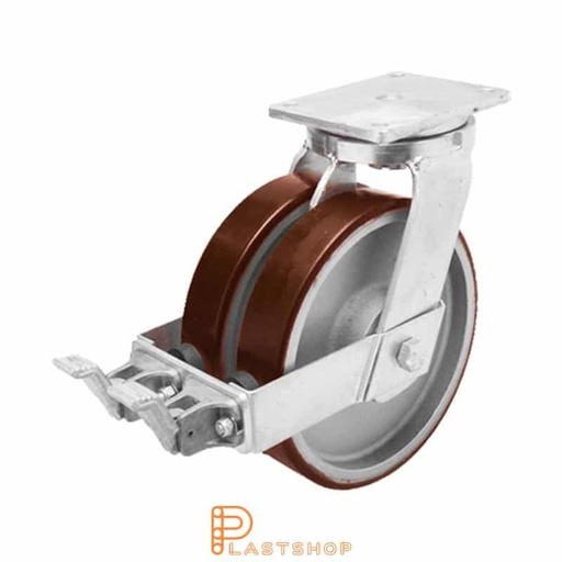 [P2001771] Double link wheel with brake, plate, wheel diameter 150 mm, building height 212 mm, hub in cast iron with soft track in PUR in röd. 1350 kg load capacity, double ball bearings