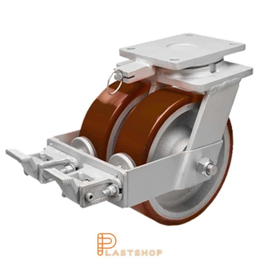 [P2001836] Double link wheel with brake, plate, wheel diameter 150 mm, building height 212 mm, hub in cast iron with soft track in PUR in röd. 1900 kg load capacity, double ball bearings