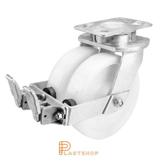 [P2001779] Double link wheel with brake, plate, wheel diameter 200 mm, building height 250 mm, hard wheel in solid PA6, 1500 kg load capacity, double ball bearings