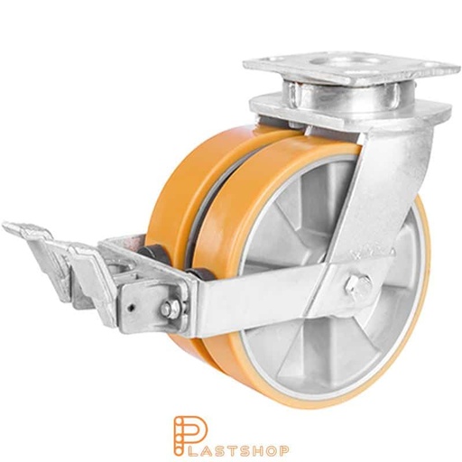 [P2001781] Dubbelt länkhjul med broms, platta, hjuldiameter 200 mm, bygghöjd 250 mm, nav i aluminium med mjuk bana i PUR i orange färg. 1400 kg bärighet, dubbla kullager