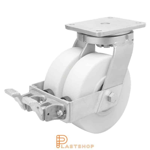 [P2001788] Double link wheel with brake, plate, wheel diameter 200 mm, building height 264 mm, hard wheel in solid PA6 C, 3000 kg load capacity, double ball bearings