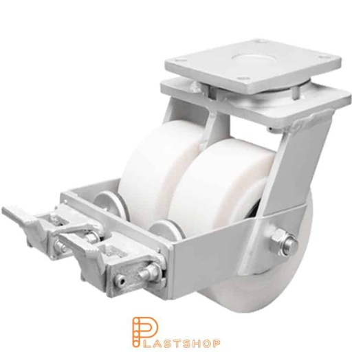 [P2001839] Double link wheel with brake, plate, wheel diameter 200 mm, building height 264 mm, hard wheel in solid PA6 C, 5000 kg load capacity, double ball bearings