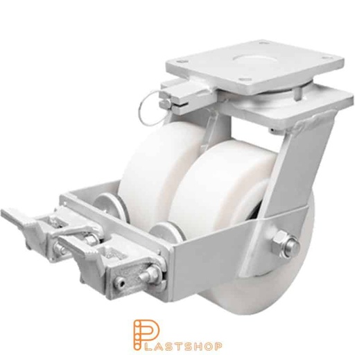 [P2001843] Double link wheel with brake, plate, wheel diameter 200 mm, building height 264 mm, hard wheel in solid PA6 C, 5000 kg load capacity, double ball bearings