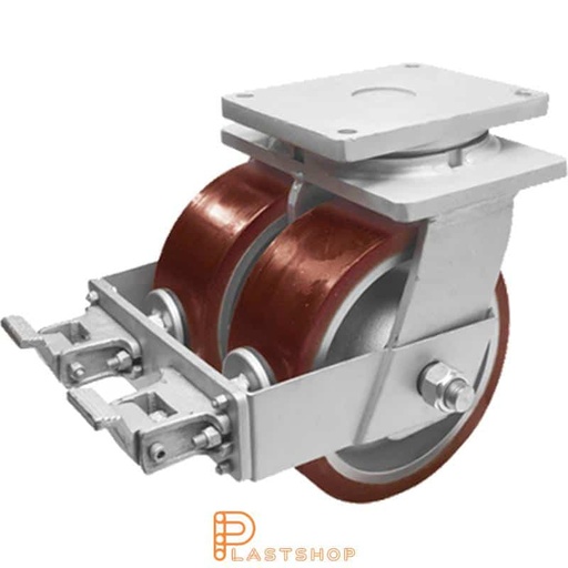 [P2001875] Double link wheel with brake, plate, wheel diameter 200 mm, building height 280 mm, hub in cast iron with soft track in PUR in röd. 3200 kg load capacity, double ball bearings