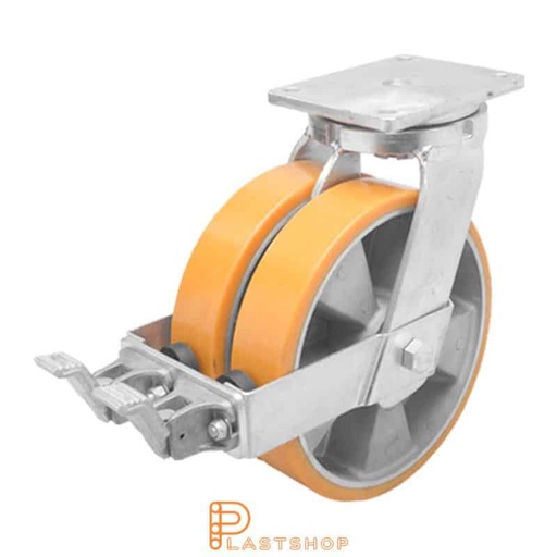 [P2001796] Double link wheel with brake, plate, wheel diameter 250 mm, building height 314 mm, hub in aluminum with soft track in PUR in orange. 1800 kg load capacity, double ball bearings