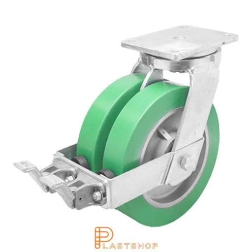 [P2001801] Double link wheel with brake, plate, wheel diameter 250 mm, building height 314 mm, hub in cast iron with soft track in ElastoPUR in grön. 1500 kg load capacity, double ball bearings