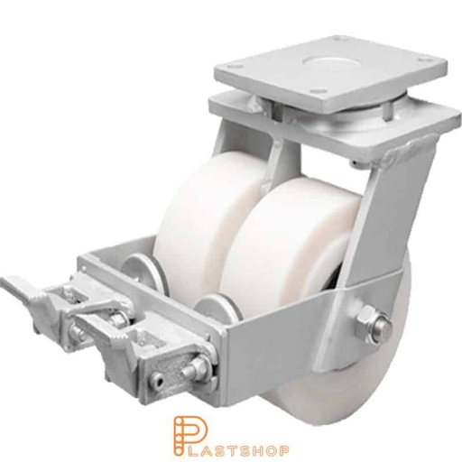 [P2001855] Double link wheel with brake, plate, wheel diameter 300 mm, building height 375 mm, hard wheel in solid PA6 C, 5000 kg load capacity, double ball bearings