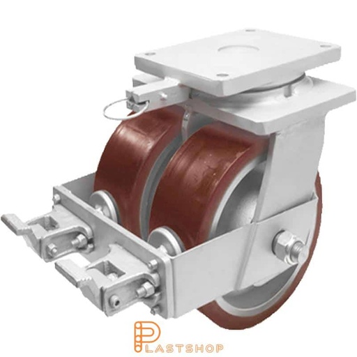 [P2001885] Rueda doble de enlace con freno, placa, diámetro de la rueda 300 mm, altura de construcción 395 mm, buje de fundición con pista suave en PUR de color rojo. 5000 kg de carga, doble cojinete de bolas