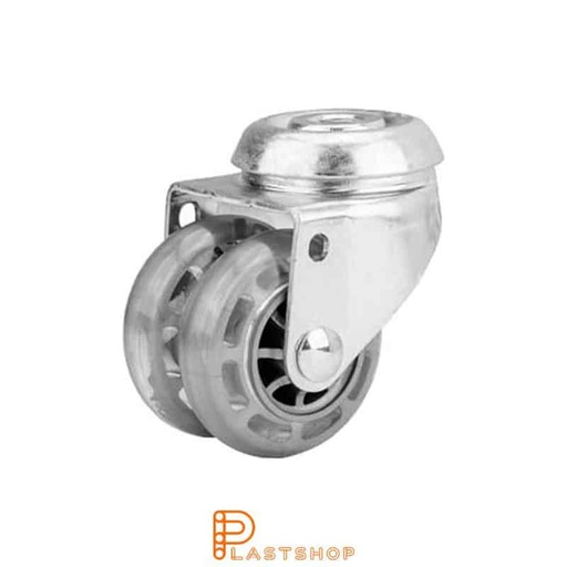 [P2000090] Dobbelthjul uten bremse, centrumhull, hjuldiameter 50 mm, byggehøyde 70 mm, nav i PC med myk bane i PUR i transparent farge. 70 kg bæreevne, glidelager