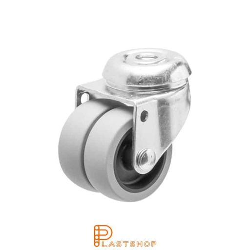 [P2000093] Dobbelthjul uten bremse, centrumhull, hjuldiameter 50 mm, byggehøyde 70 mm, nav i PP med myk bane i TPE i grå farge. 70 kg bæreevne, glidelager