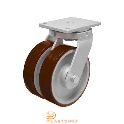 [P2001755] Rueda doble de enlace sin freno, placa, diámetro de la rueda 125 mm, altura de construcción 185 mm, buje de fundición con pista suave en PUR de color rojo. 1000 kg de carga, doble cojinete de bolas